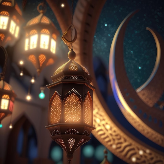 Eid Illuminations Minimalistic Stock Photo Illustration with Crescent Moon and Light Lanterns