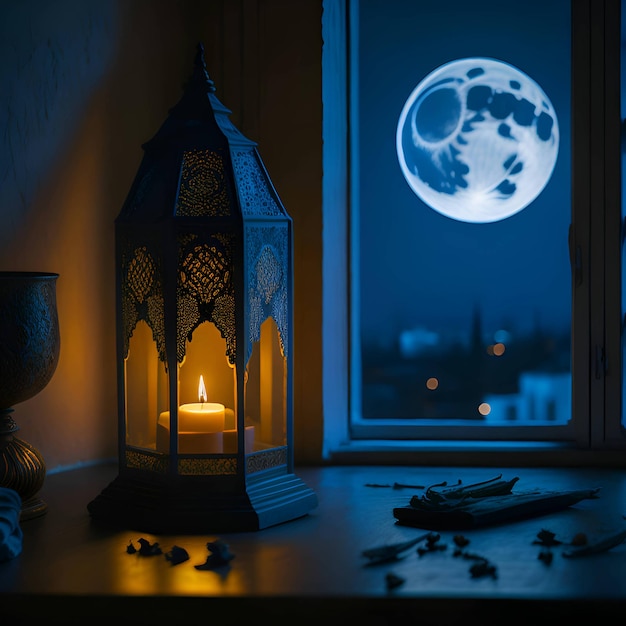 eid lantaarn in blauwe lichte omgeving islamitische eid lantaarn