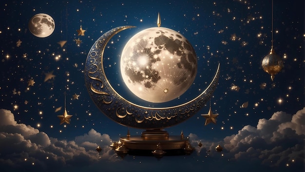Фото Ид милад ун наби золотой декоративный луна и звезды баннер дизайн изображение генерируется с использованием