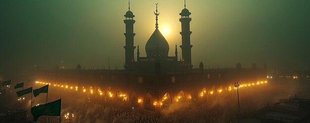 Photo eid miladunnabi processions green flags background