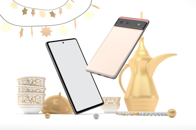 Eid Mobiles Perspective Side In White Background