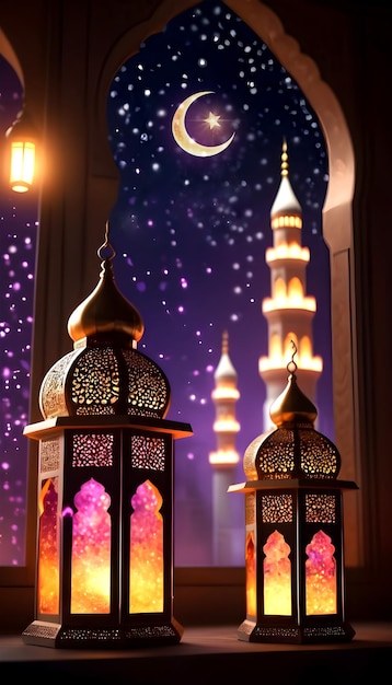 Photo eid moon view with mosque from window with islamic lanterns