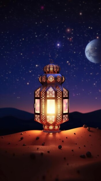 Eid Under the Moonlight Minimalistic Stock Photo Illustration with Light Lanterns