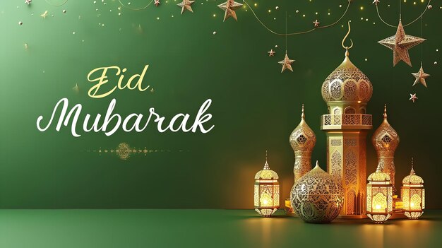 Eid Mubarak 3D design with mosque in green backdrop Generative AI