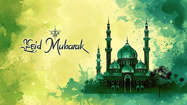 녹색 배경의 모스크가 있는 Eid Mubarak 3D 디자인 생성 AI