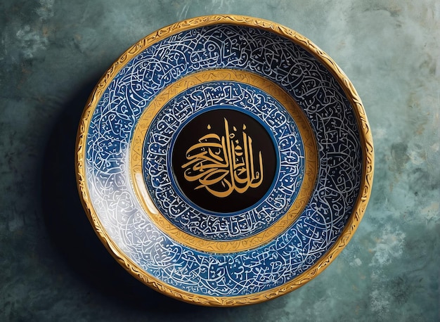 사진 이드 무바라크 (eid mubarak) 는 아랍어 캘리그라피가 새겨진 파란색과 황금색 판이다.