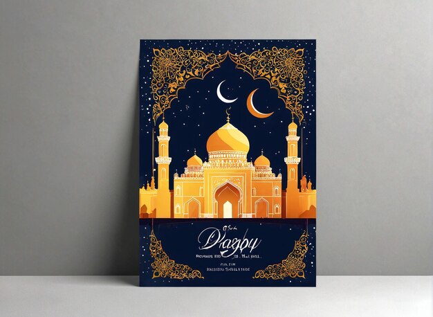 Фото Ид мубарак поздравительная карточка с мечетью и полумесяцем