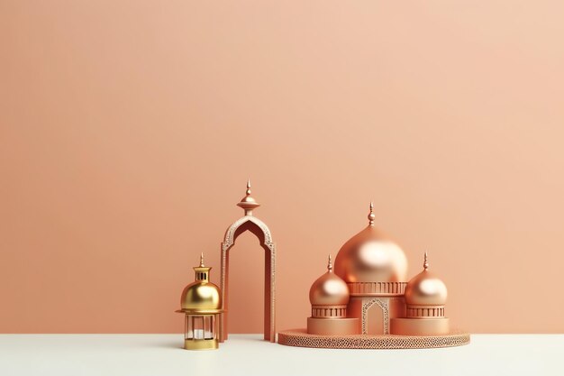 Фото Ид мубарак и рамадан карим поздравления с копией пространства ид аль фитр исламский фонарь и мечеть