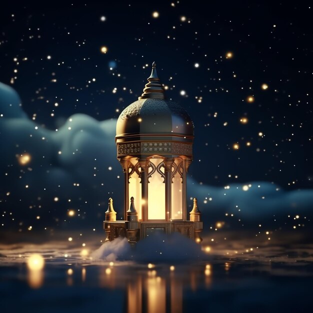Фото Поздравления с ид мубарак и рамадан карим с исламским фонарем и мечетью на фоне ид аль-фитр