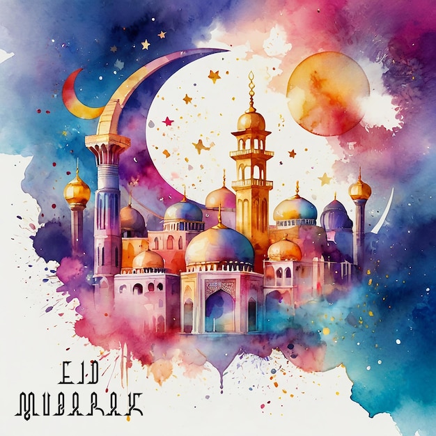 Eid mubarak arabic lantern watercolor Moon of with painting of bloom flower