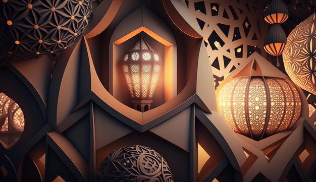 Eid mubarak background arabic lantern and arabic pattern design illustrations generative ai