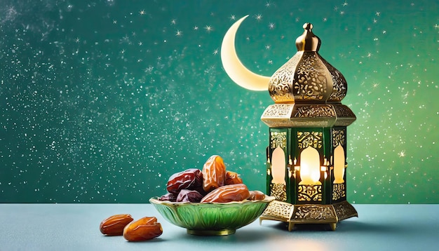 Eid Mubarak background Traditional Ramadan lantern lamp with crescent moon theme Generated AI