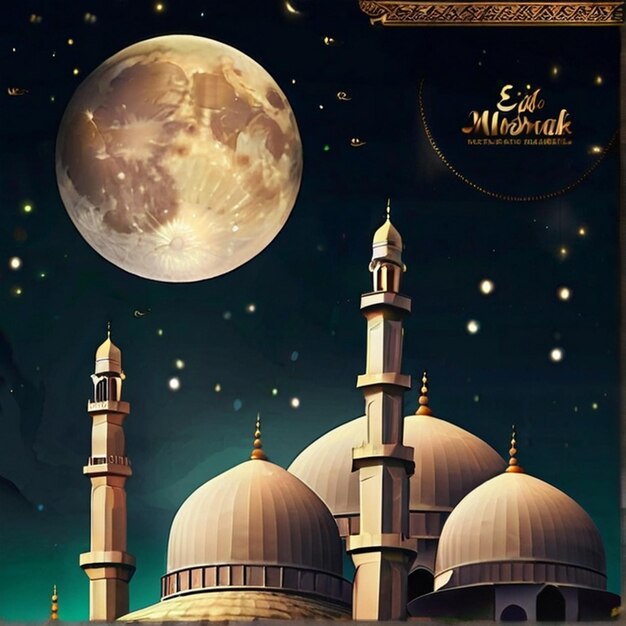 Eid Mubarak Beautiful natural moon and mosque combination beautiful background