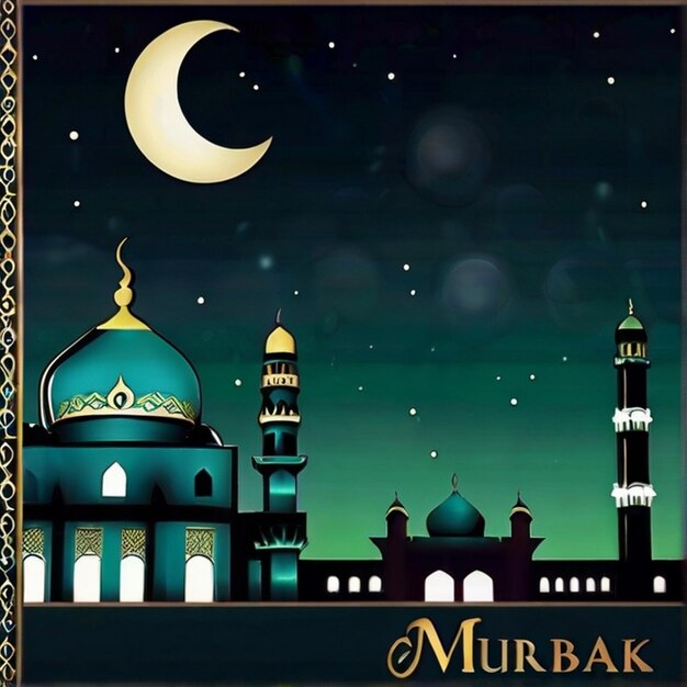 Eid Mubarak Beautiful natural moon and mosque combination beautiful background