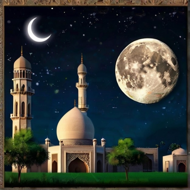 Foto eid mubarak bella combinazione di luna naturale e moschea bellissimo sfondo