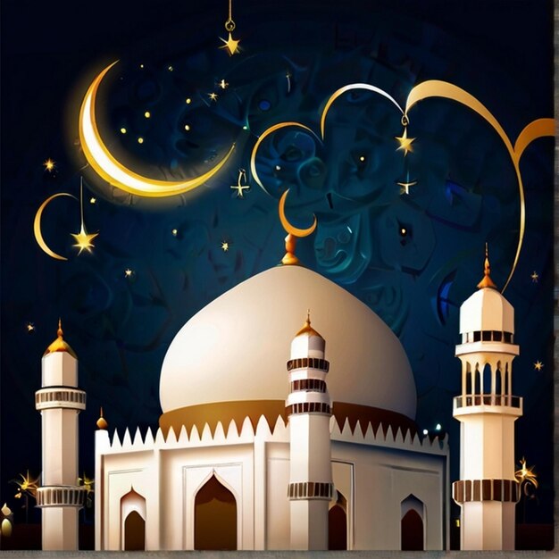 Eid Mubarak Beautiful natural moon and mosque combination beautiful background