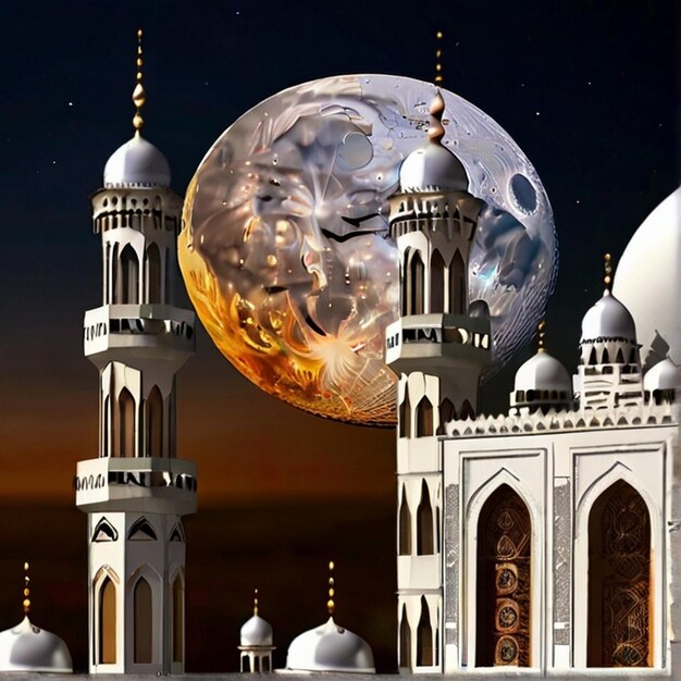 Eid Mubarak Beautiful natural moon and mosque combination beautiful background