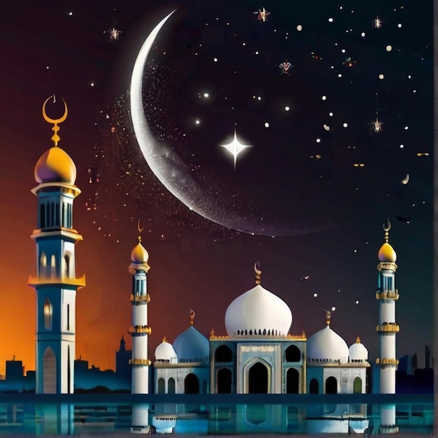 Eid Mubarak Beautiful natural moon and mosque combination beautiful background