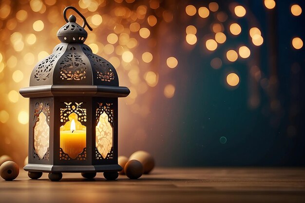 Eid Mubarak Begroeting Typografie Mooie Bokeh Ramadan Kaars lantaarn met houten gebedskralen