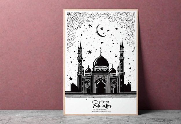 Photo eid mubarak a black and white illustration of the mosque in the middle of the night