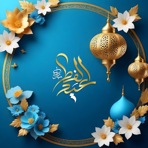 イーダ・ムバラック (Eid Mubarak) は青と金のデザインの青い背景でカリグラフィーと花が描かれています