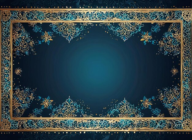 Eid Mubarak a blue and gold background with a gold frame