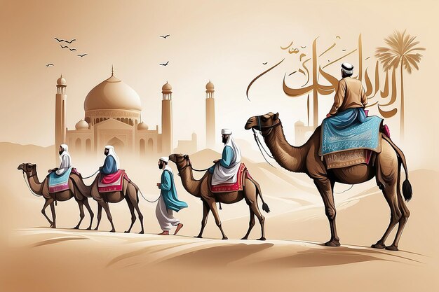 Photo eid mubarak calligraphy design with hang drawn muslims and camel trekking