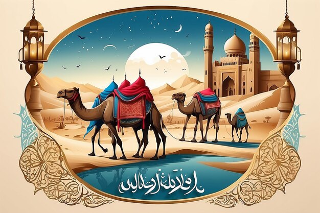 Eid Mubarak calligraphy design with hang drawn muslims and camel trekking