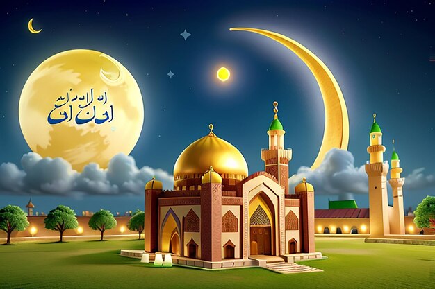 Photo eid mubarak calligraphy design with lanterns and mosque upon the sky catoon design