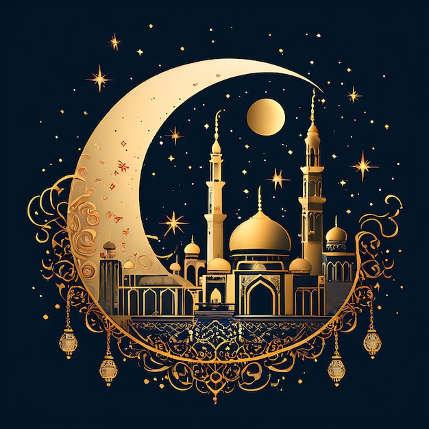 Eid Mubarak calligraphy with hollow engraving moon on golden bokeh background Illustration