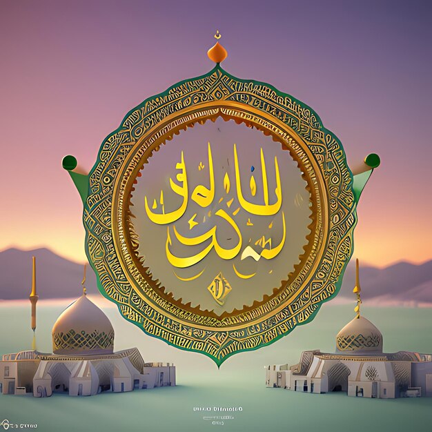 Eid Mubarak calligraphy with hollow engraving moon on golden bokeh background Illustration