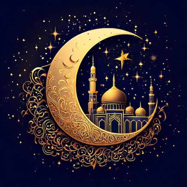 Eid Mubarak calligraphy with hollow engraving moon on golden bokeh background Illustration