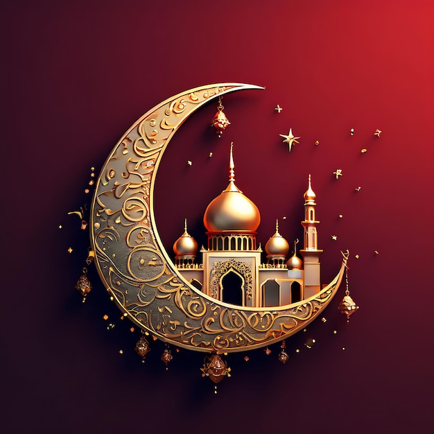 Eid Mubarak calligraphy with hollow engraving moon on golden bokeh background Illustration