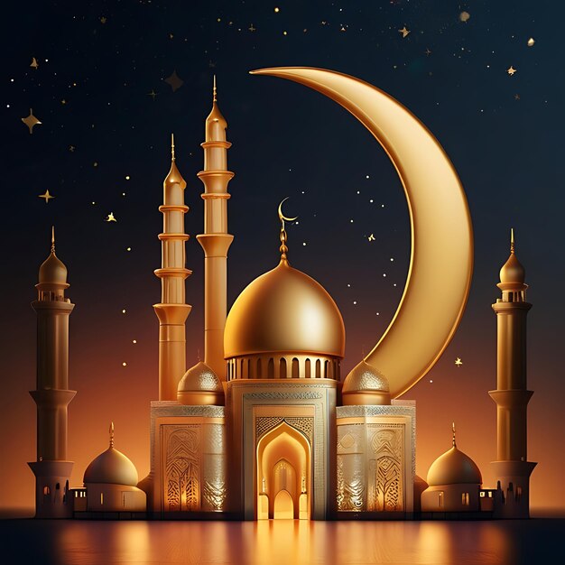 Eid Mubarak calligraphy with hollow engraving moon on golden bokeh background Illustration