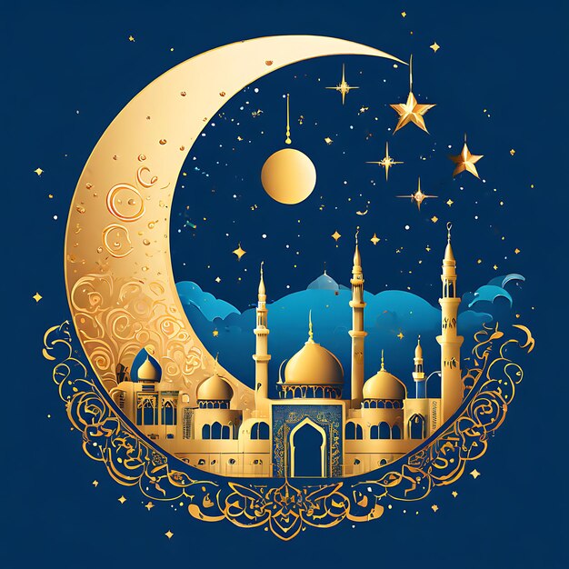 Eid Mubarak calligraphy with hollow engraving moon on golden bokeh background Illustration