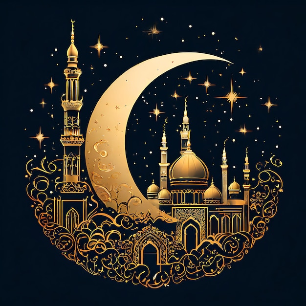 Eid Mubarak calligraphy with hollow engraving moon on golden bokeh background Illustration