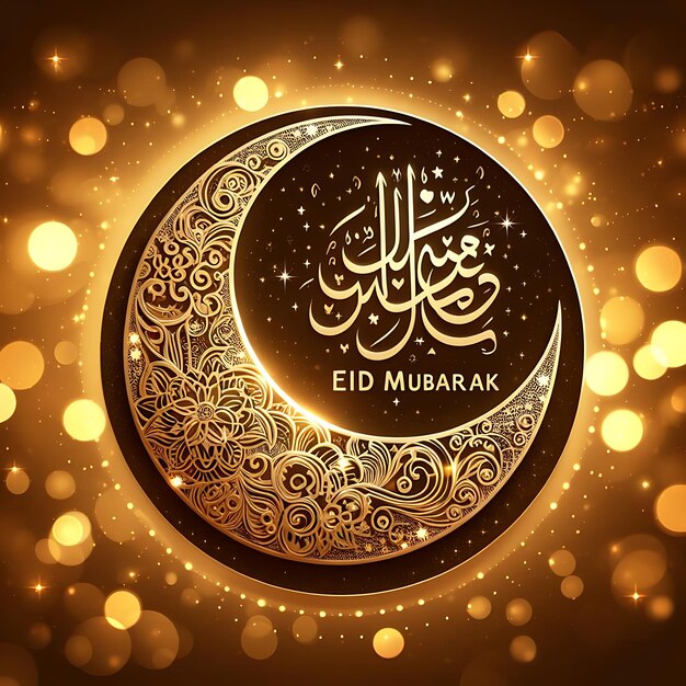 Eid Mubarak calligraphy with hollow engraving moon on golden bokeh background