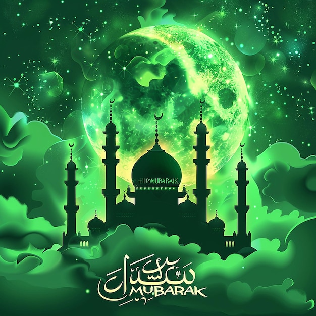 Photo eid mubarak celebration under the green moonlight