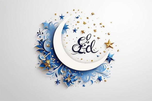写真 白い背景に月と星が描かれたイード・ムバラク祝賀カード