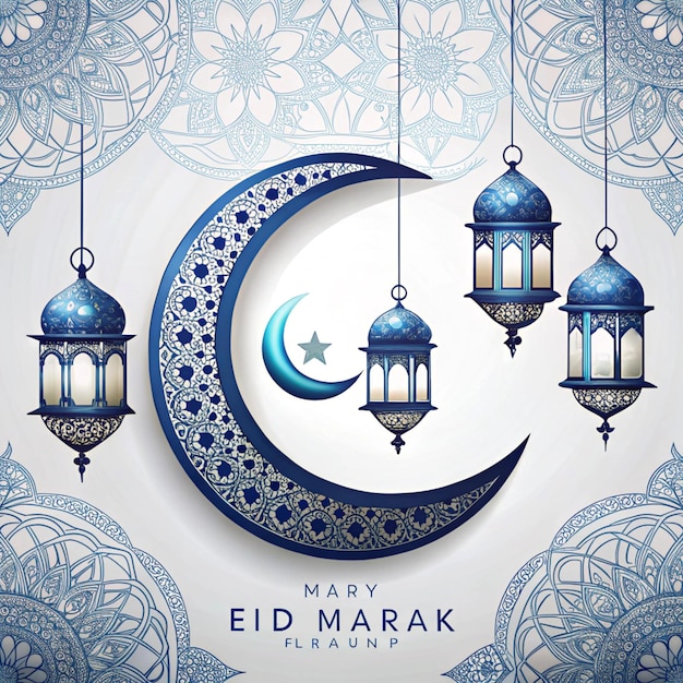 Eid Mubarak Celebration with Crescent Moon and Lanterns