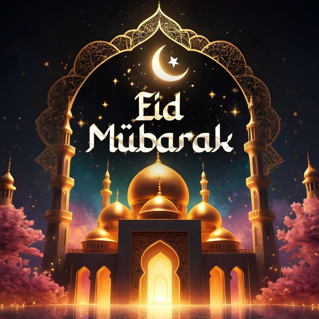 Eid mubarak design with mosque and moon social media post