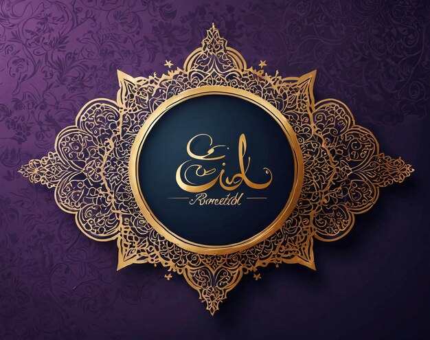 Foto eid mubarak een gouden frame met arabische kalligrafie op een paarse achtergrond