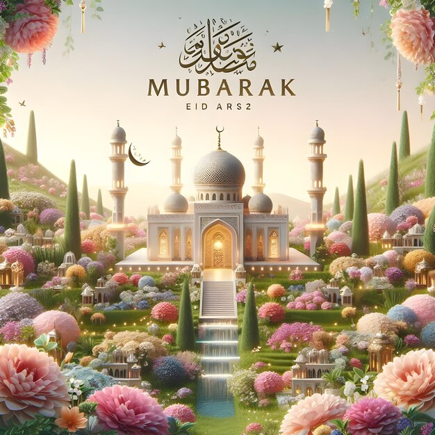 Eid Mubarak een moskee is versierd met de tuinbloemen en de woorden Eid mubarak