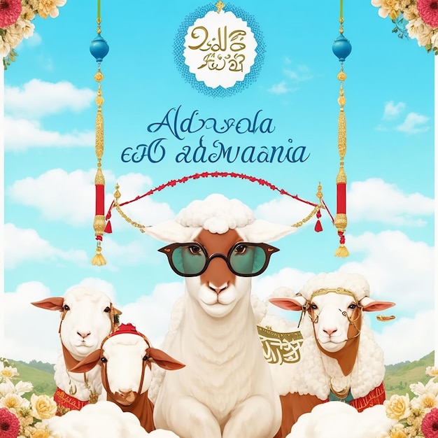 사진 eid mubarak eid al adha 배너 또는 포스터에 양 안경을 쓴 해피 이드 울 아드하 무바라크