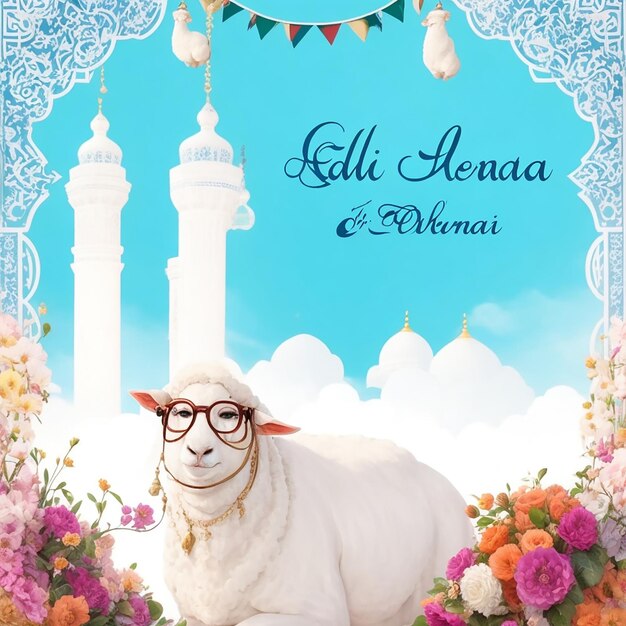 Eid mubarak eid al adha spandoek of poster met schapen die een bril dragen, gelukkige eid ul adha mubarak