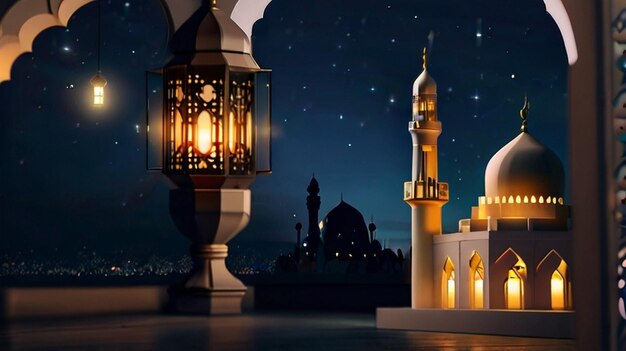 Eid Mubarak of Eid al fitr 3D lantern and mosque with 3d moon with night beautiful Background