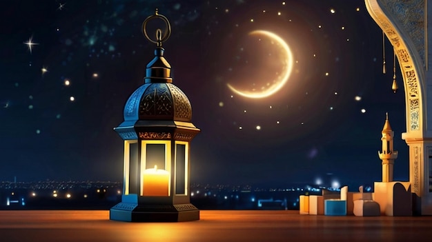 이드 무바라크 (Eid al-Fitr) 3D 랜턴과 3D 달과 함께 모스크의 밤 아름다운 배경