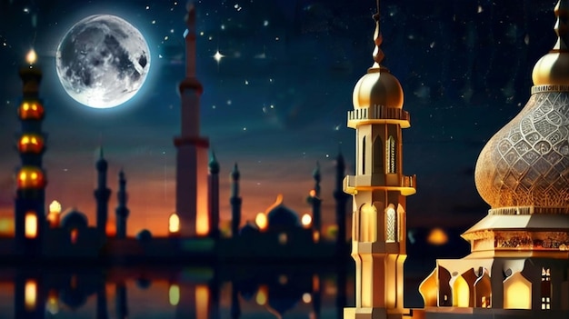Foto eid mubarak di eid al fitr lanterna 3d e moschea con luna 3d con notte bellissimo sfondo