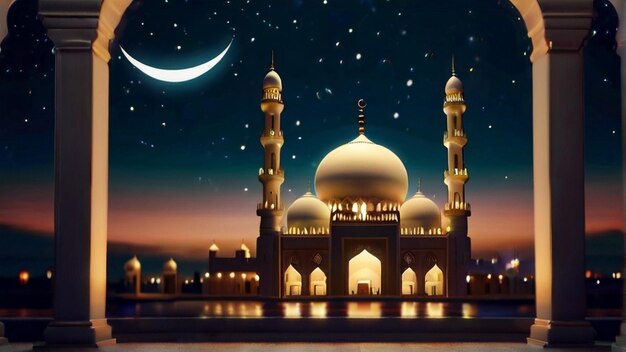 Eid Mubarak of Eid al fitr 3D lantern and mosque with 3d moon with night beautiful Background