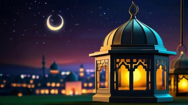 이드 무바라크 (Eid al-Fitr) 3D 랜턴과 3D 달과 함께 모스크의 밤 아름다운 배경